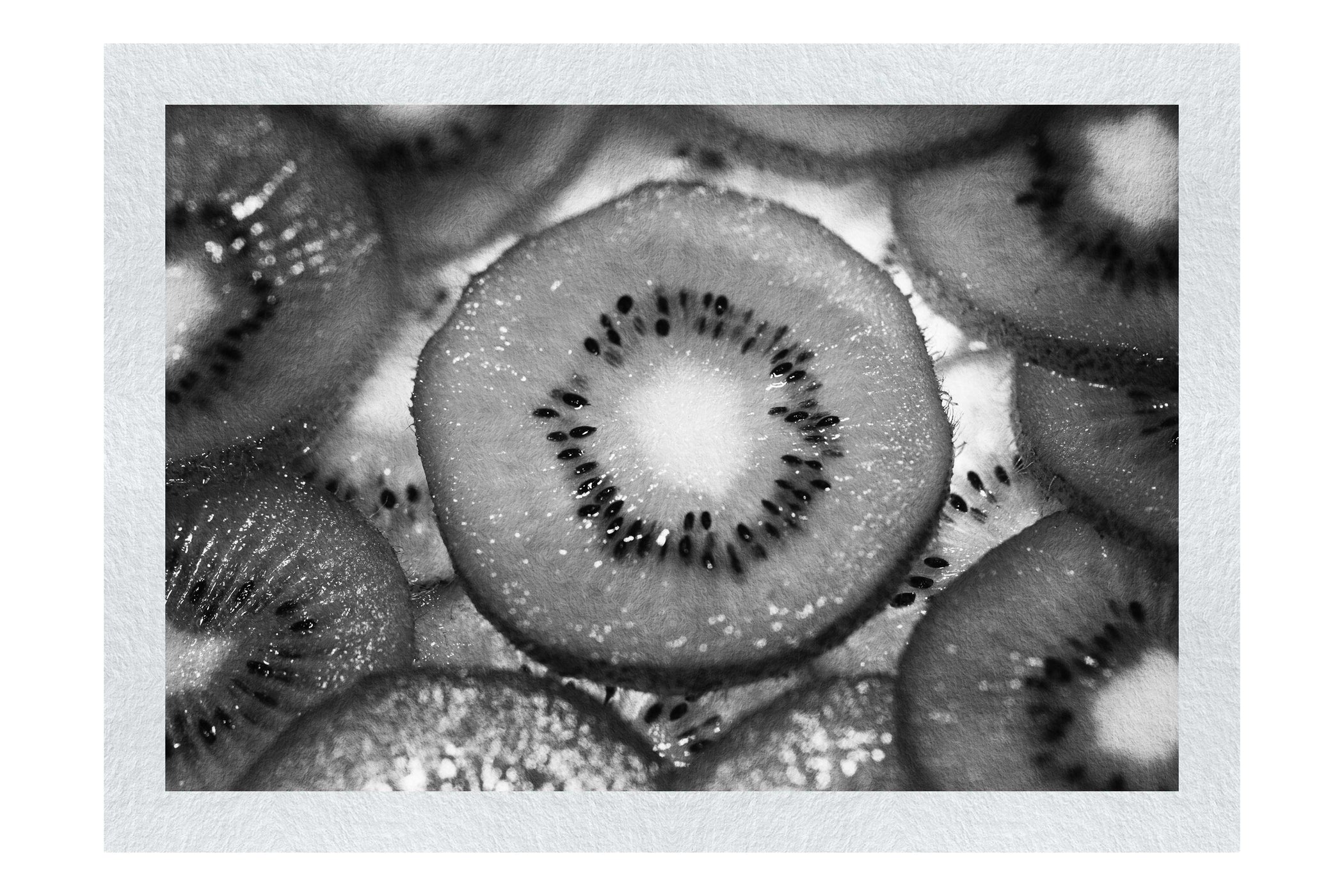 Emerald Mosaic: Kiwi in Detail - Monochrome Fine Art Print - Food Art Category